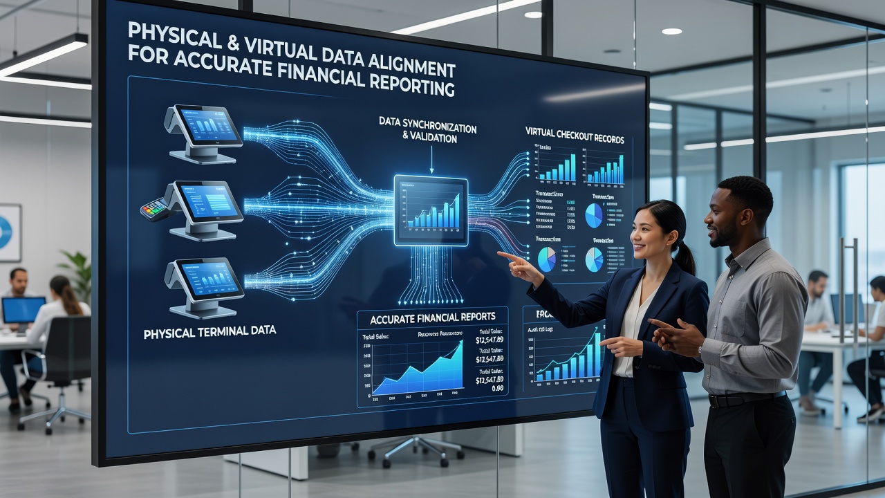 Accountant examining matched transaction reports from physical and virtual sources on multiple screens