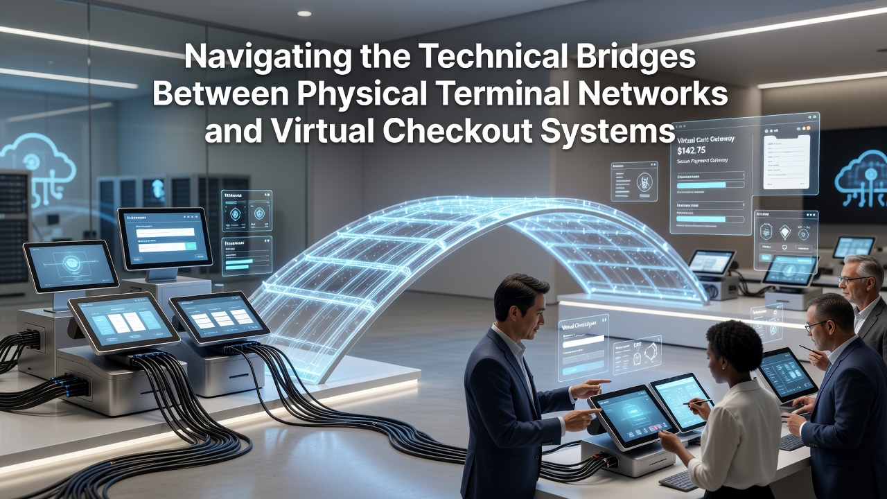 Technical diagram of middleware connecting in-store terminals to cloud-based checkout systems